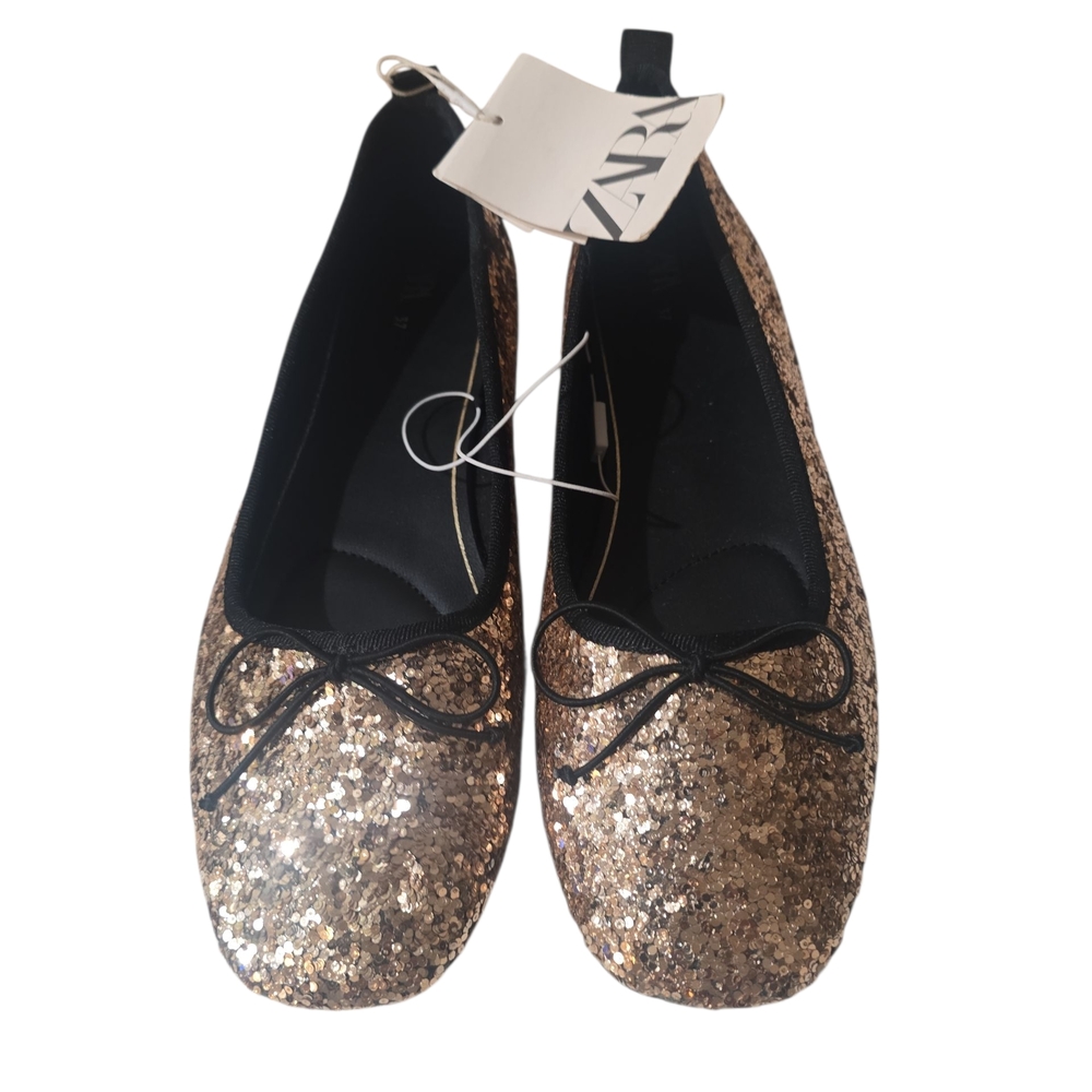 Zara Women's Glitter Flats - Gold and Black Size 7